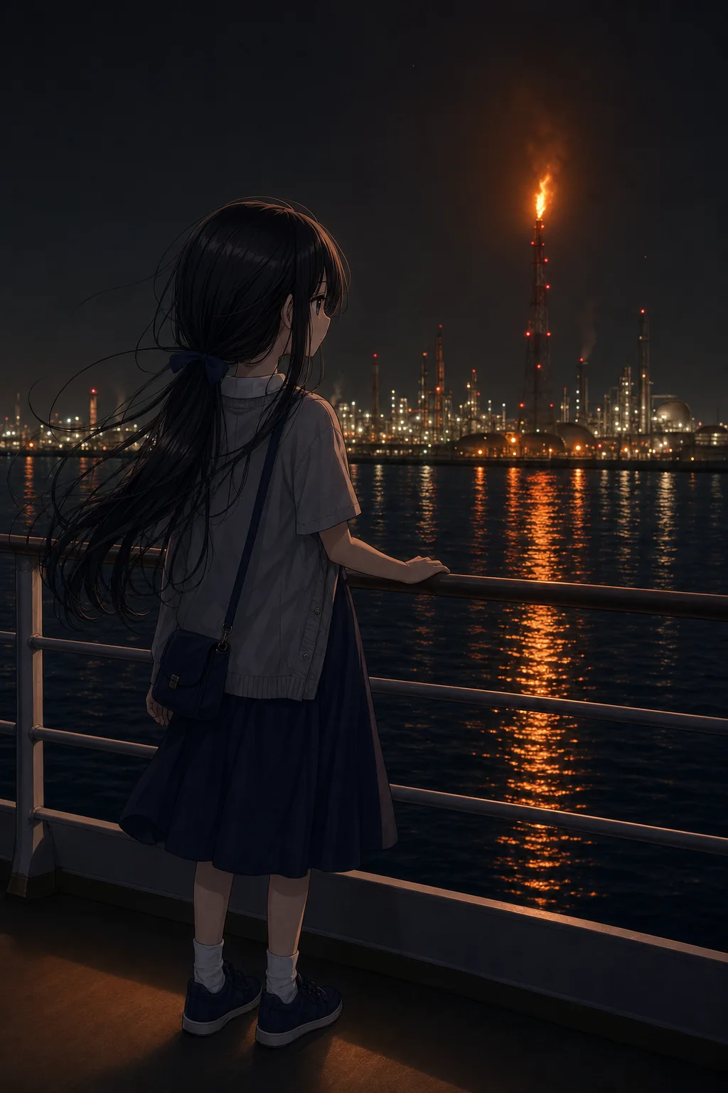 工場夜景クルーズでフレアスタックの炎を見る凜
