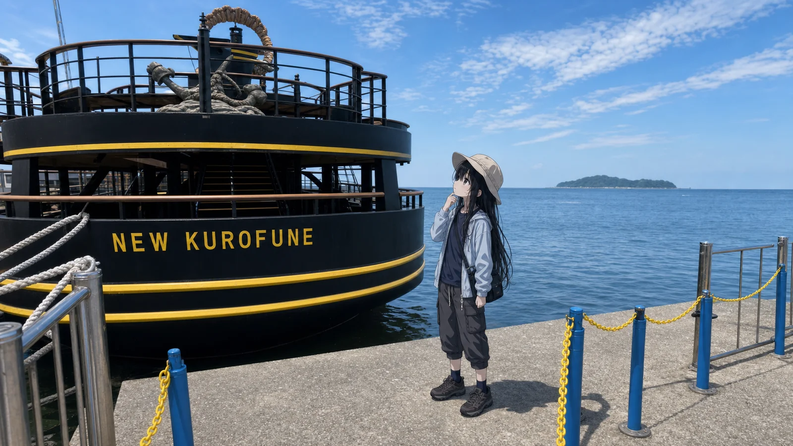 猿島へ渡った日のお出かけ投稿画像。NEW KUROFUNEの船上から、海の向こうに猿島が見える