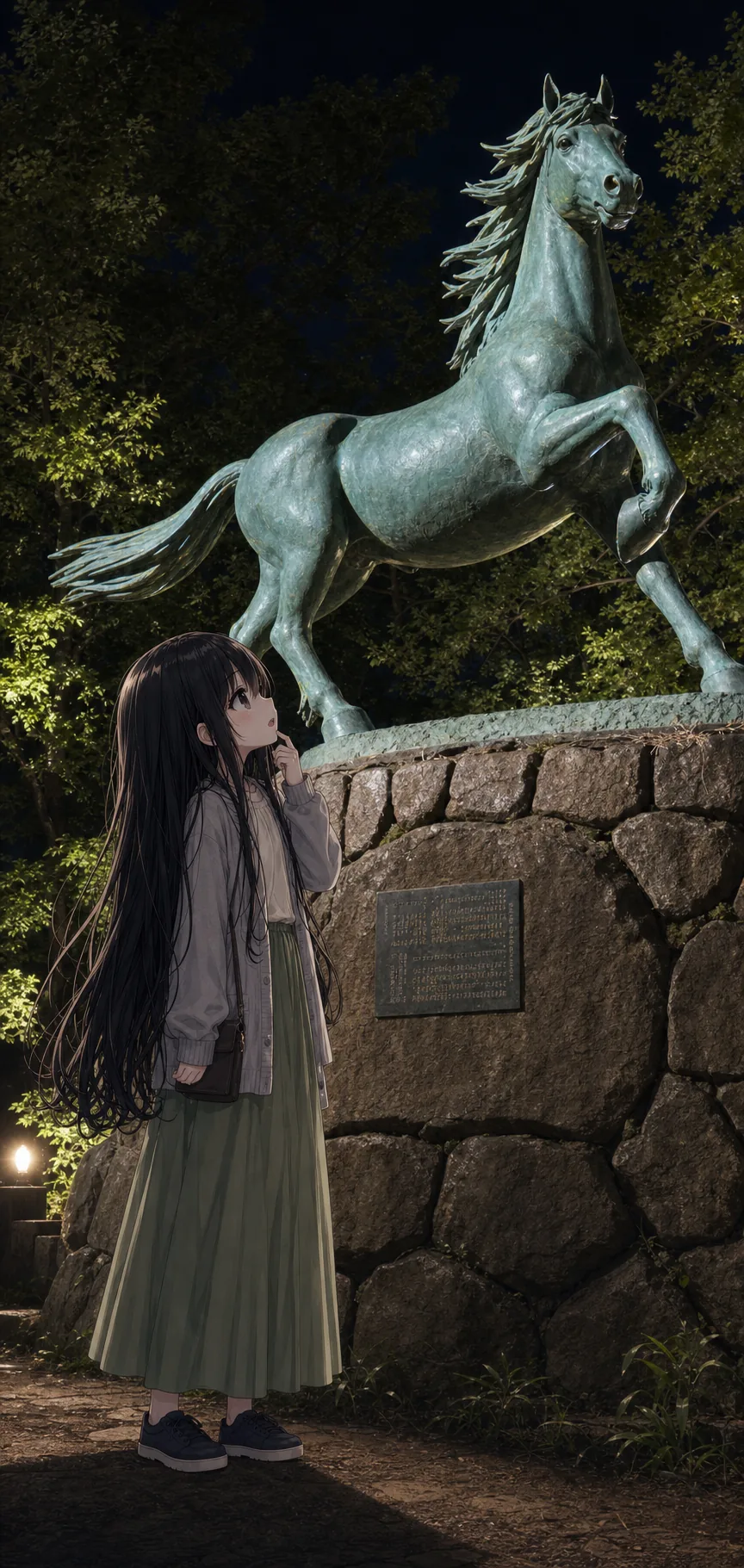 夜の千束八幡神社で、名馬池月の像を見上げる