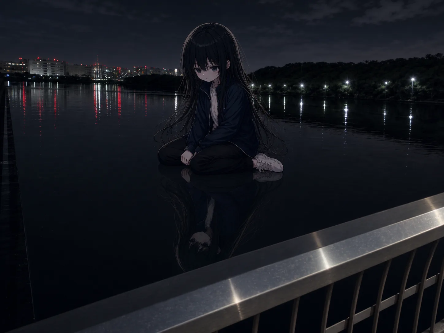 京浜運河の水鏡。誰もいない夜の水面に座って、映った自分と向き合う