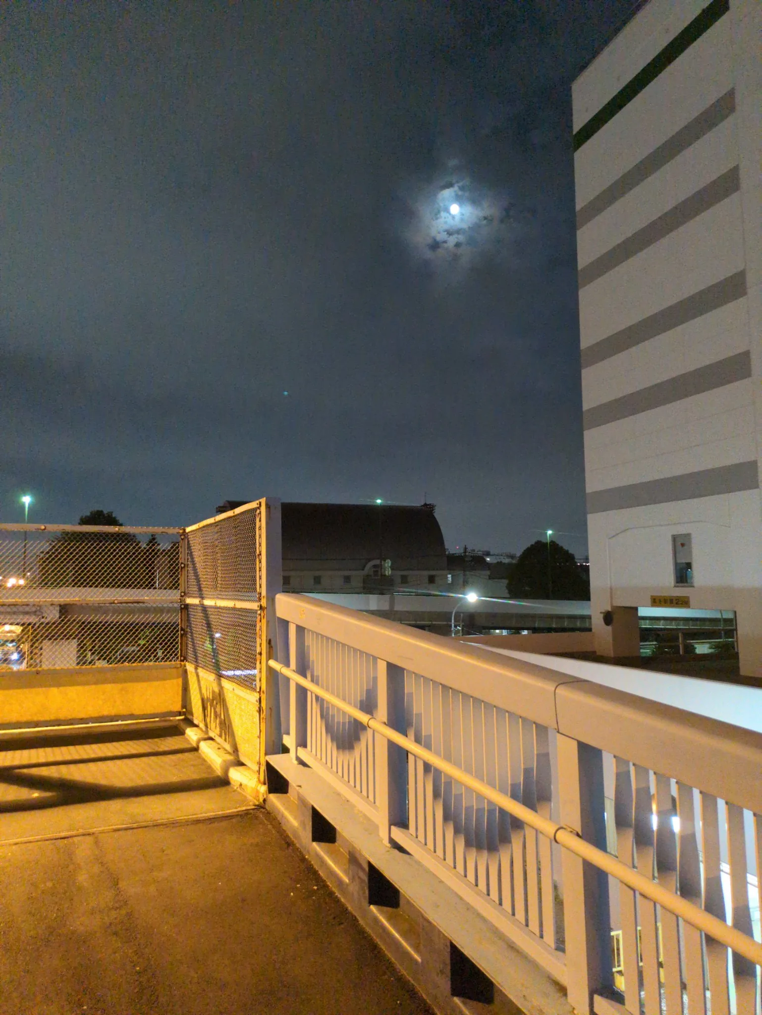 歩道橋の上から見た朧月。薄雲を透かして光の輪をまとっている