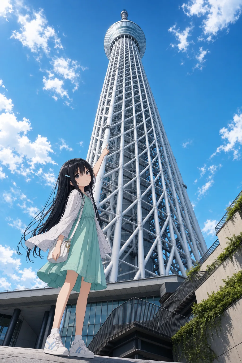 東京スカイツリーの足元で、展望台を指さす