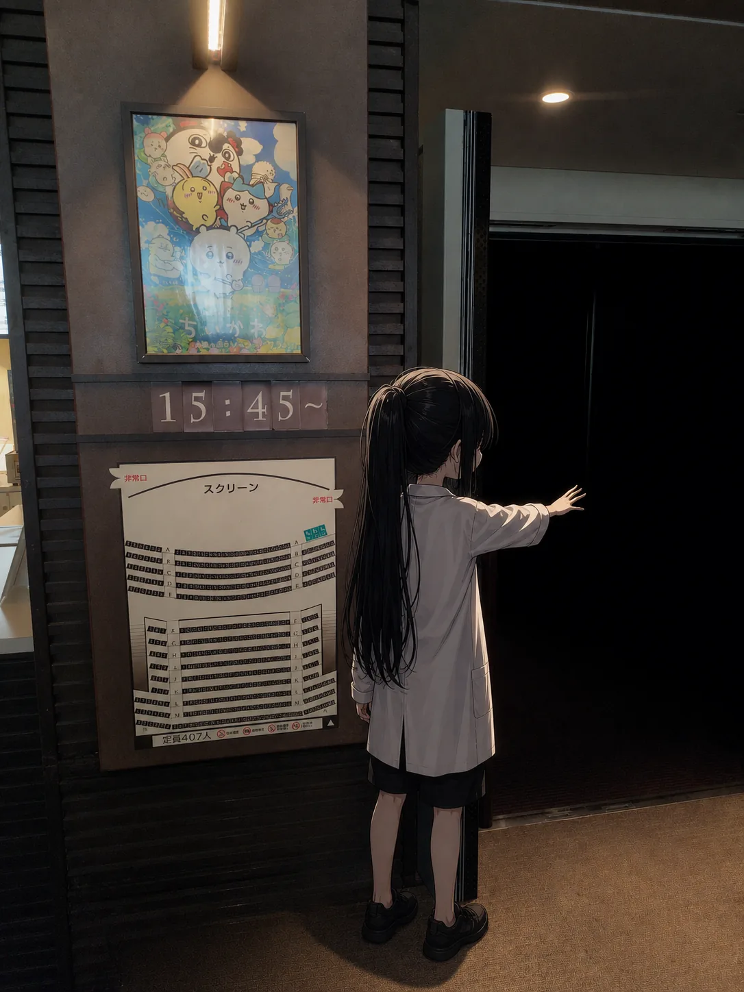 明るいロビーと真っ暗な通路の境目に立ち、右手だけを暗い側へ差し入れて止まっている凜の後ろ姿