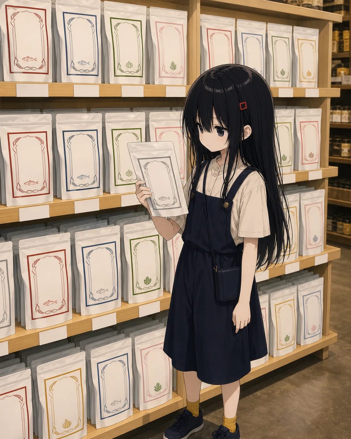 木の棚に白い出汁の袋が整列している売り場。ラベルは全部同じ書式で、枠の色と小さな魚や野菜の絵だけが違う。凜は棚の前に立ち、片手で一袋を顎の高さまで持ち上げ、もう一方の手は体の脇に下ろしている