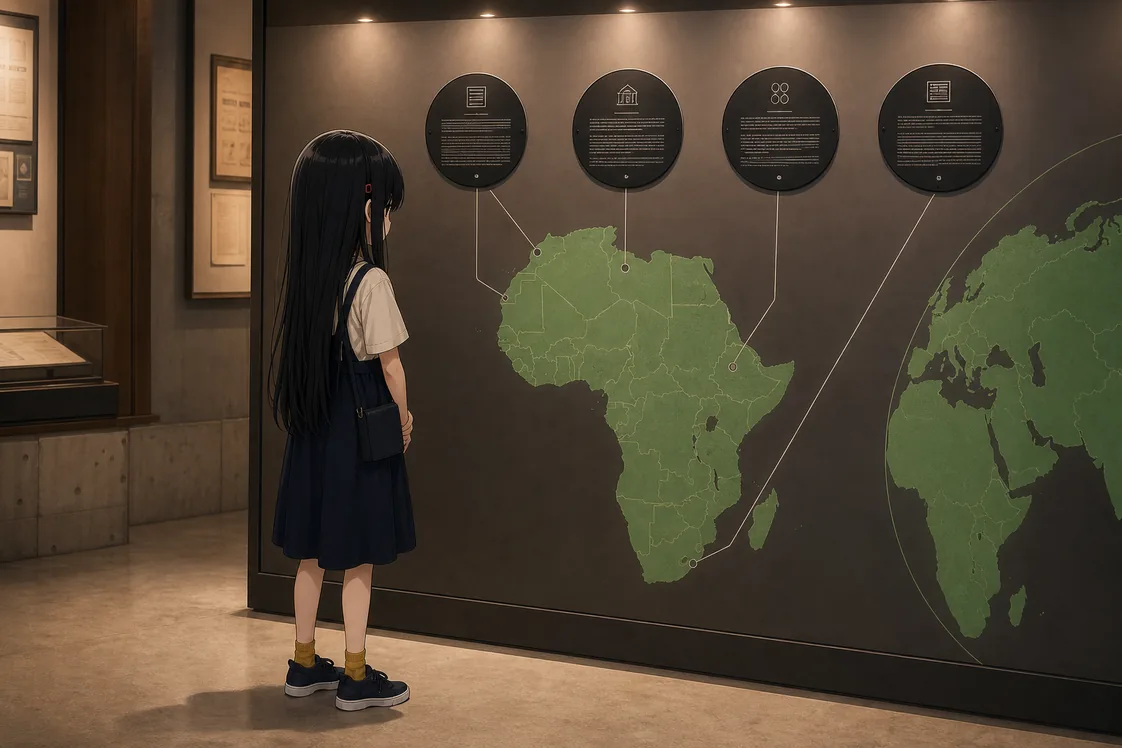企画展の壁の前に凜が横向きに立ち、両腕を体の脇に下ろしたまま、緑のアフリカ大陸の図を見ている。上に並ぶ四枚の黒い円板はどれも同じ直径・同じ書式で、そこから細い線が大陸の点へ下りている。壁は右へ続き、隣の面には別の大陸の図が入っている