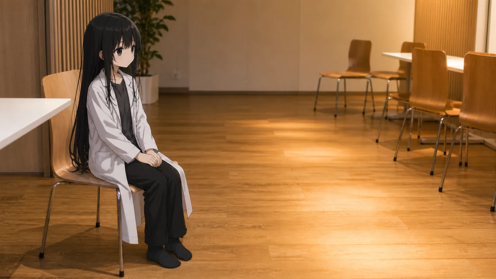 暖かな光が差す木床の会場で、画面左の椅子に白衣姿で座り、両手を膝に重ねて右側の空いた空間へ視線を向ける僕