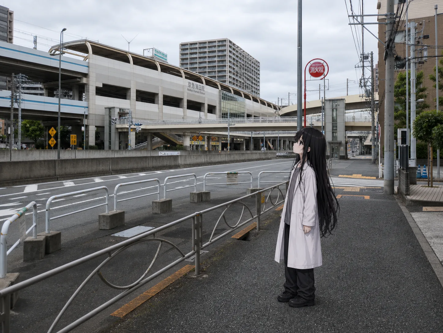 曇り空の京急蒲田駅前で、高架駅舎を見上げる白いラボコート姿の僕