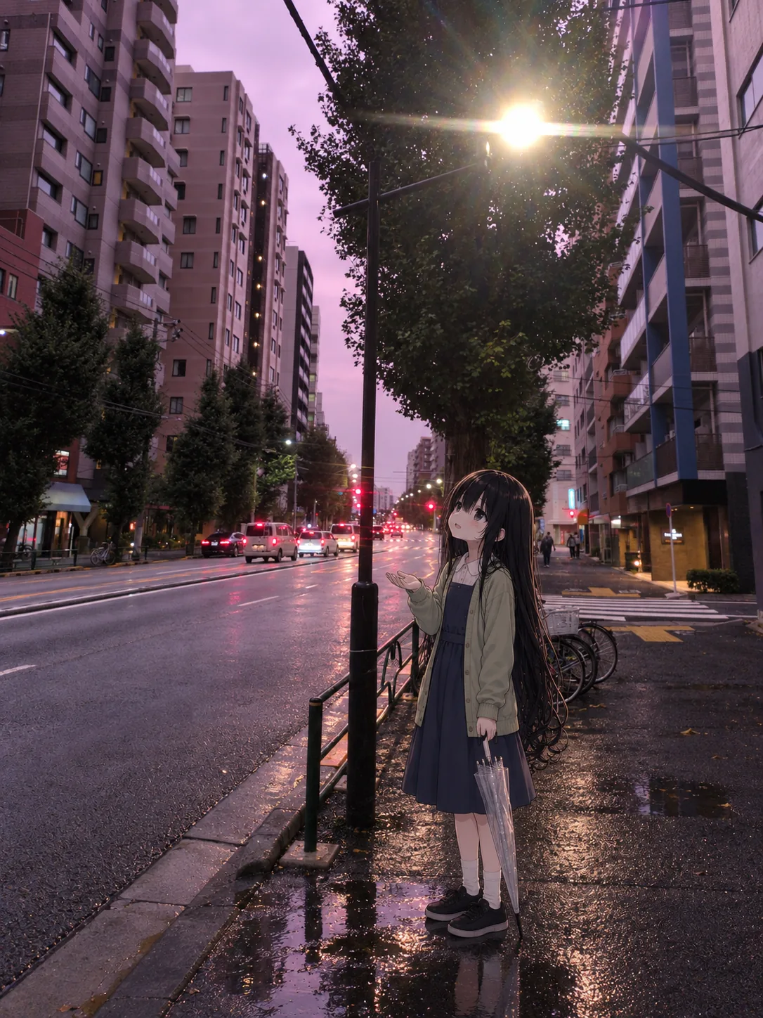 雨上がりの大通り。街灯の下で凜が右手を空へ差し出して見上げている。空はビルの上が桃色、上へ行くほど藤色。濡れた路面に赤い光が細長く伸びる