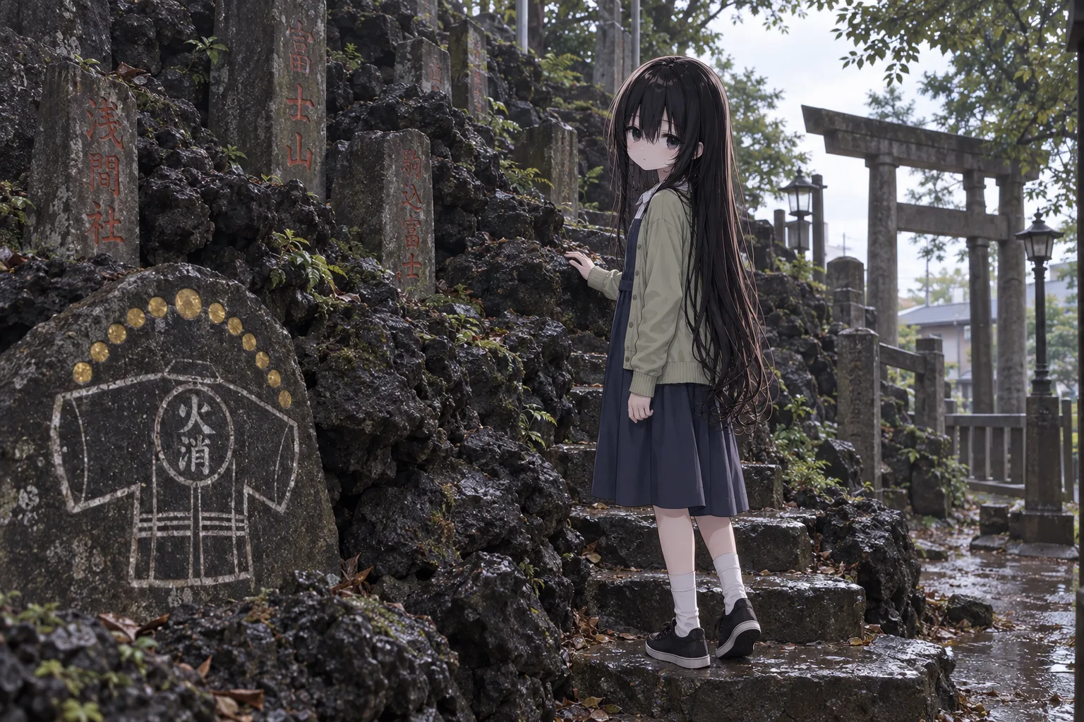 富士塚の石段を数段のぼった凜が、溶岩に手をついて振り返っている。左手には溶岩の黒い斜面と朱を入れた文字の石、火消の印半纏の白い線画と黄色い玉の連なりが並ぶ