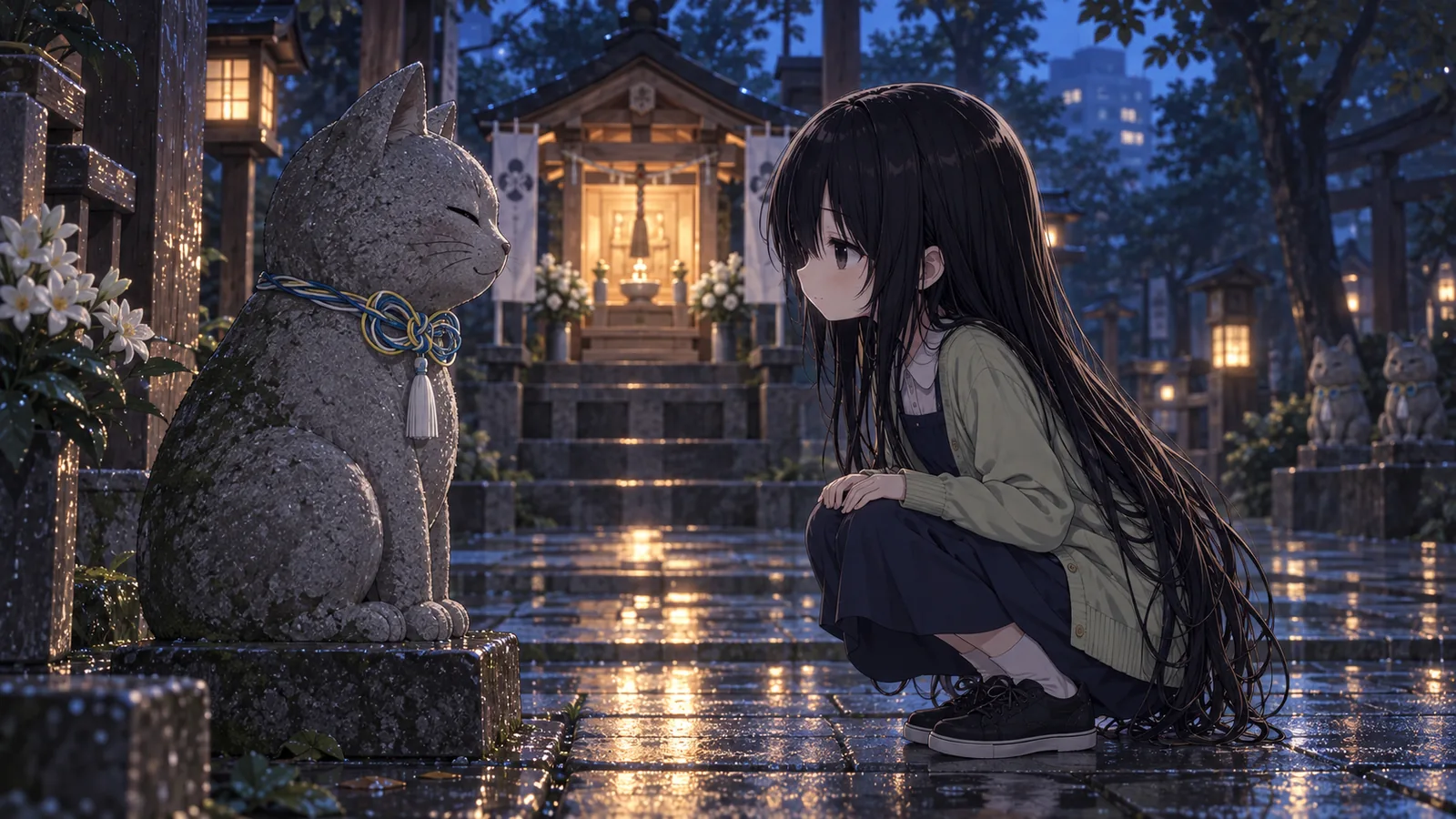 妙義神社の狛猫の前にしゃがみ、目を閉じた石像と同じ高さで顔を向き合わせる凜。手前の座り猫は首に青・水色・黄の水引細工と白い房を付けている。奥に灯りの入った白木の小祠