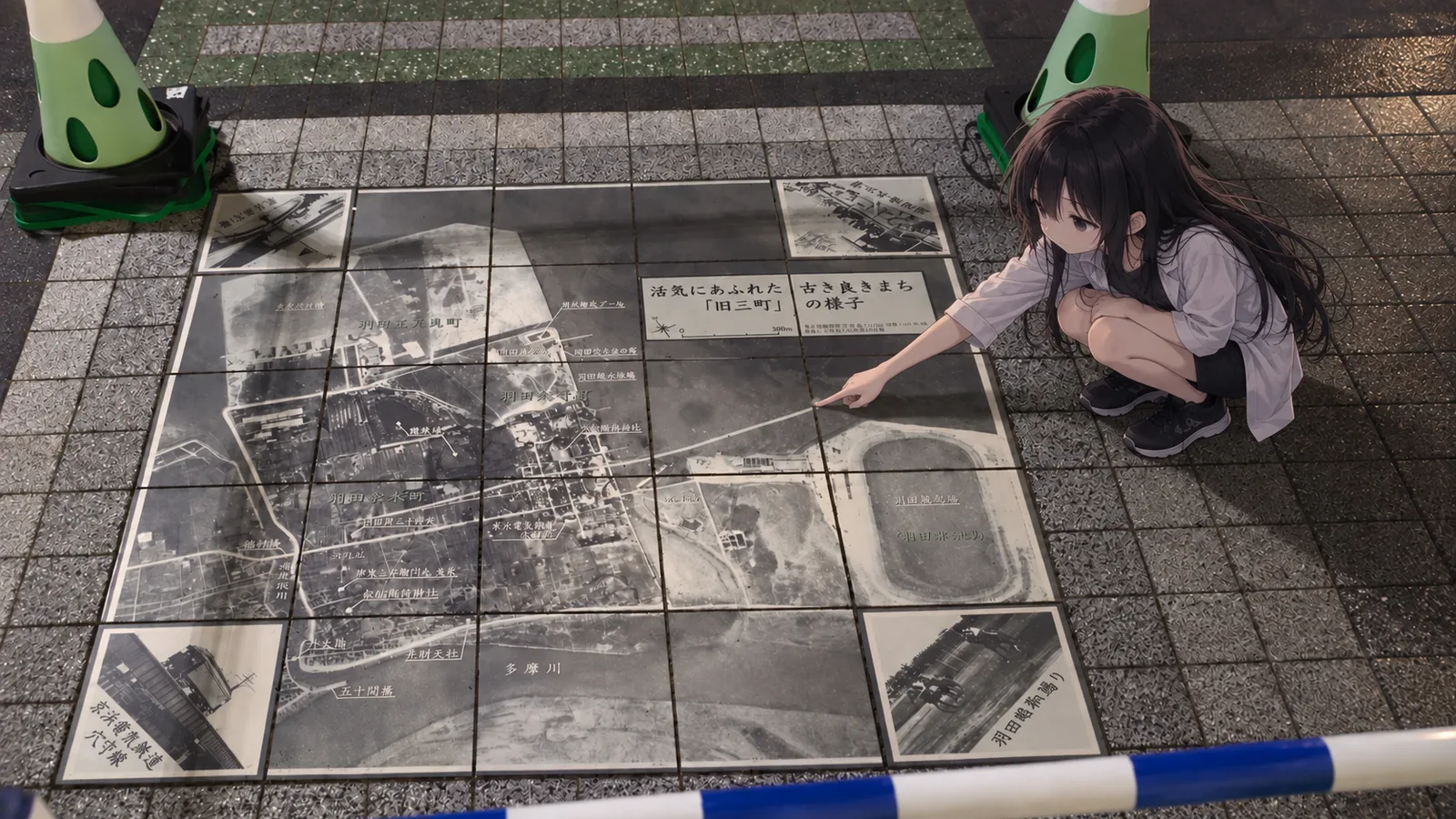 夜の復元地図タイルへしゃがみ、昔の道路線を指でたどる僕