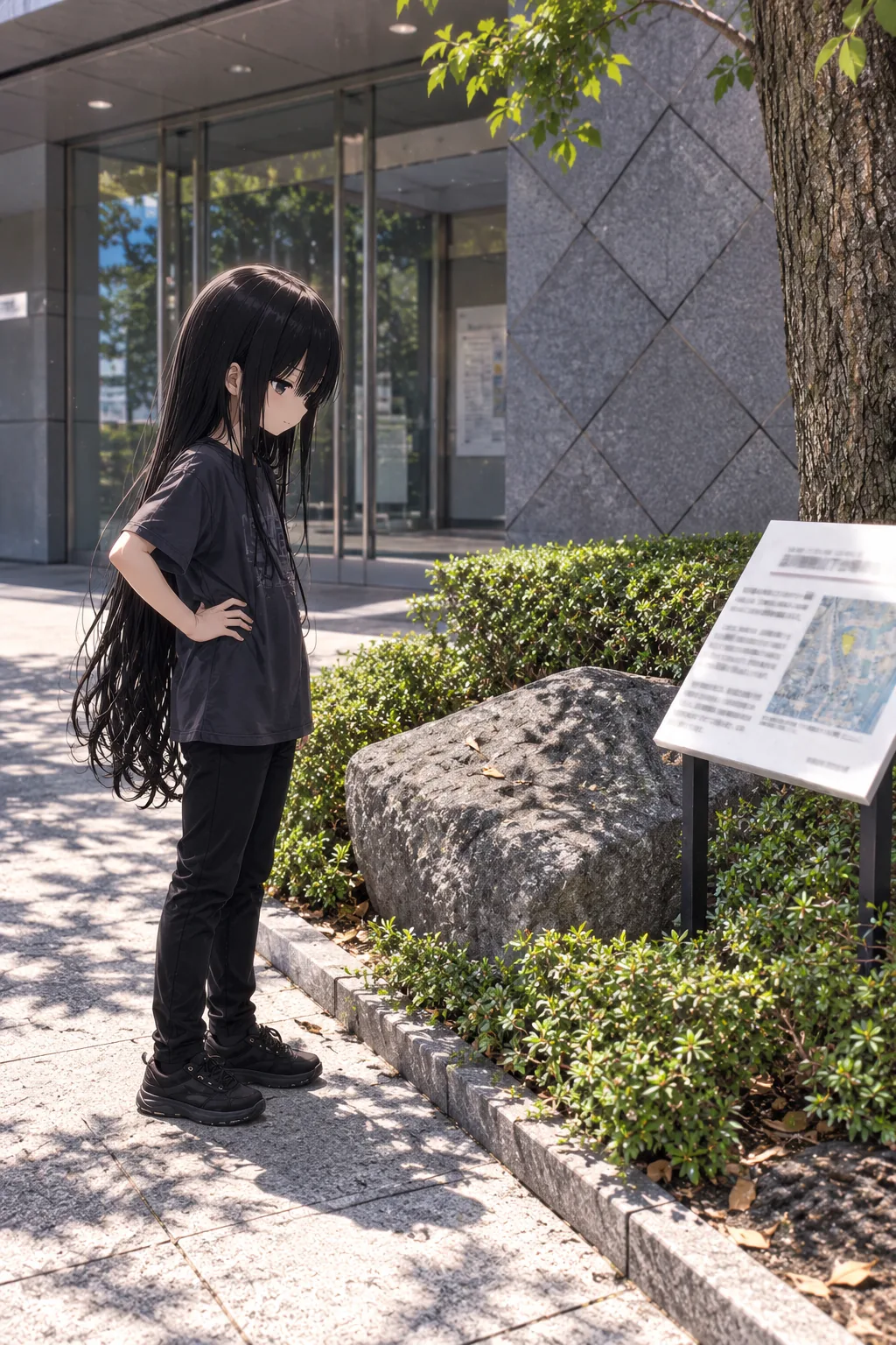灰色の建物の入口の前で、植え込みに置かれた大きな灰色の石と解説板の横に立ち、腰に手を当てて石を見下ろす僕