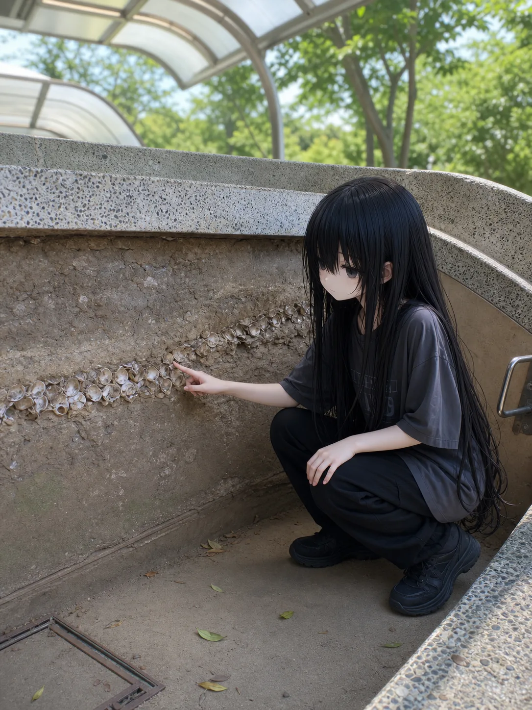 白い貝殻の帯が走る土の壁の前にしゃがみ、右手の人差し指を伸ばして帯に触れようとしている僕。上に半透明の屋根がある