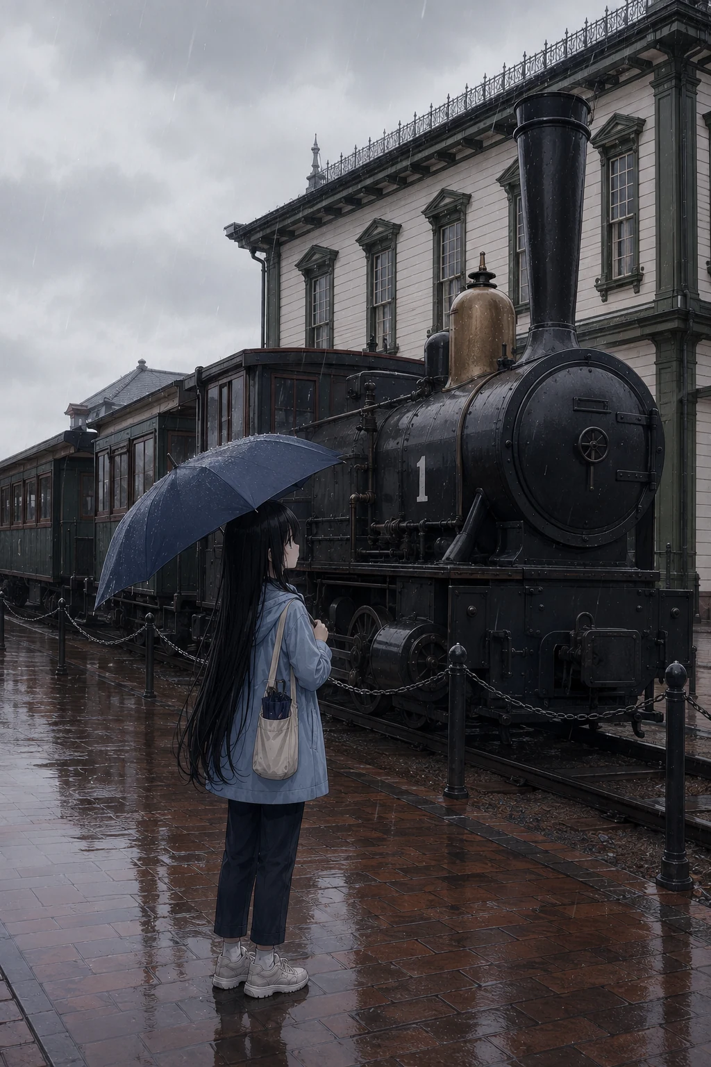 雨の道後温泉駅前で、藍色の傘を差して坊っちゃん列車の煙突を見上げる一ノ瀬凜