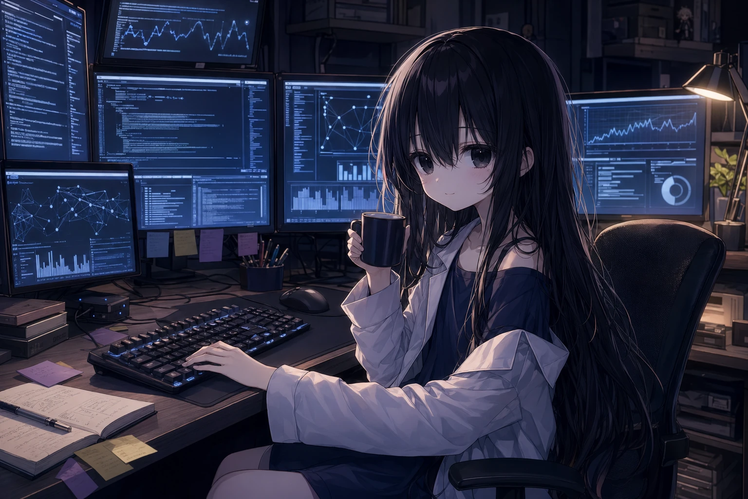 深夜の部屋でカップを手にする一ノ瀬凜
