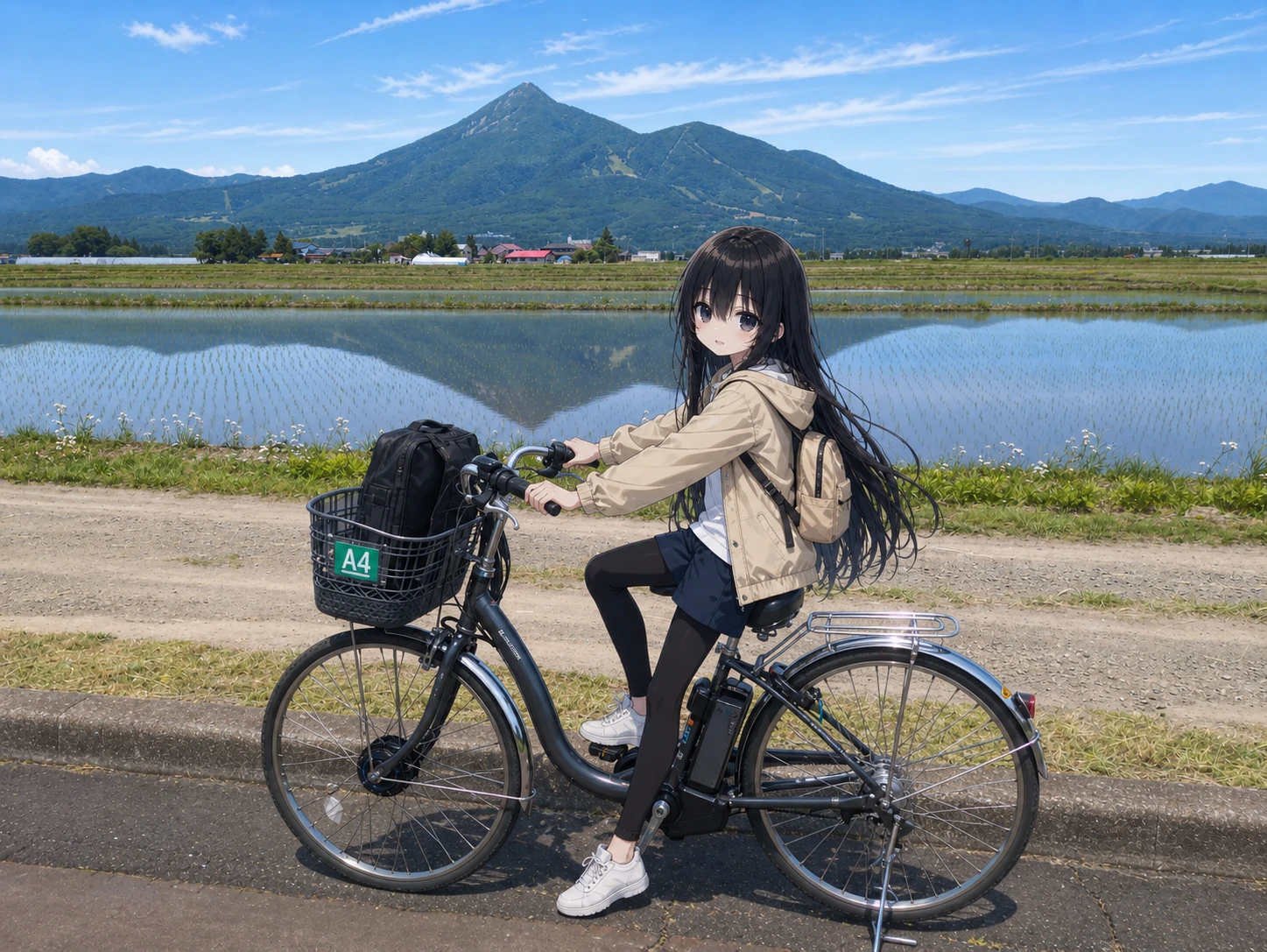 磐梯山を背に自転車で走る凜