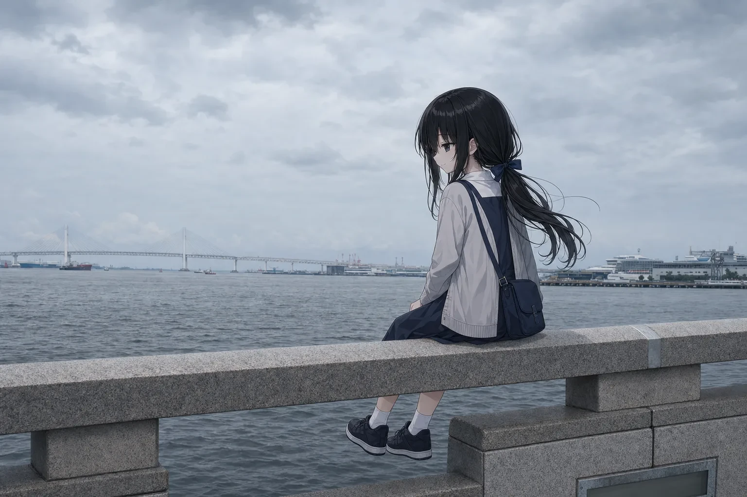 曇天の横浜港を眺める凜