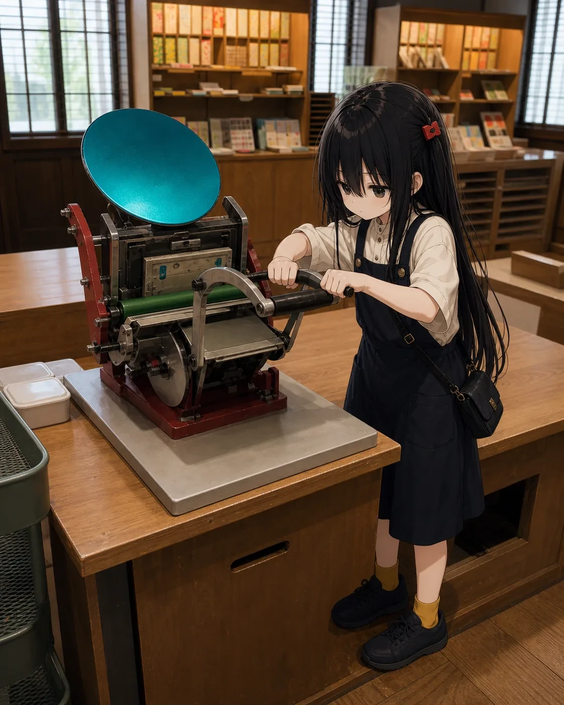 本と活字館で印刷機を体験する凜