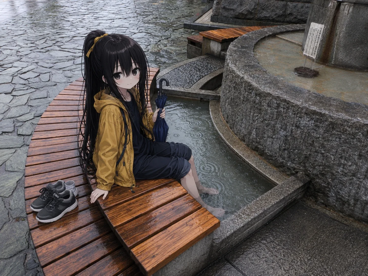 道後の足湯に座る凜